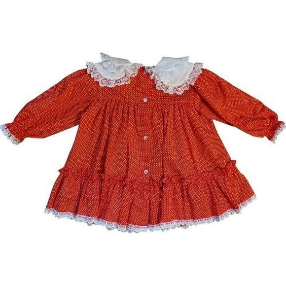 Vintage 18 months Bryan Red White Polka Dot Dress, Lace Collar Dress - Picture 3 of 4